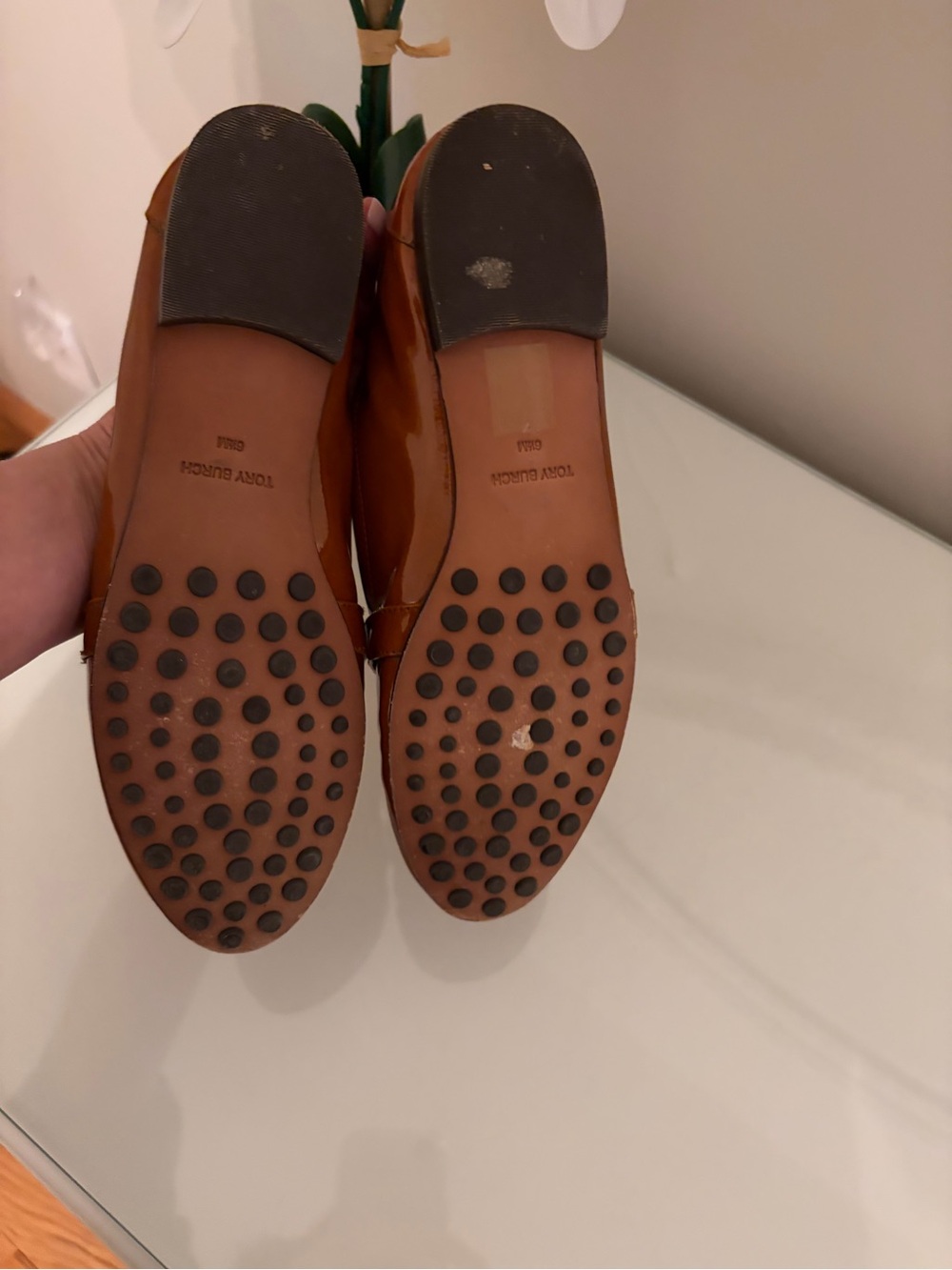 Tory Burch Cognac Patent Leather Penny Loafers with Logo Plaque - Picture 4 of 6
